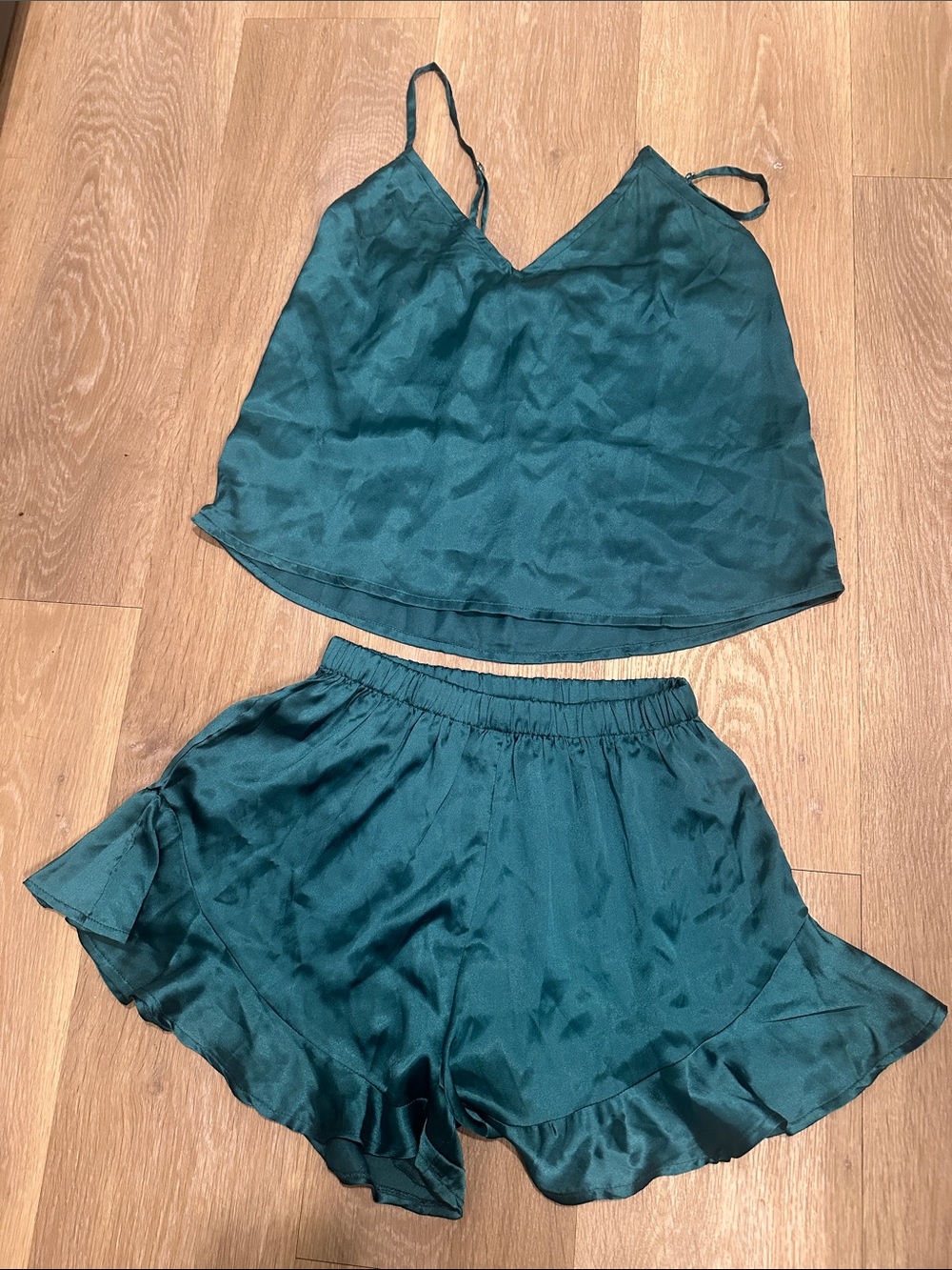 Pretty Little Thing teal satin cami pj set size S